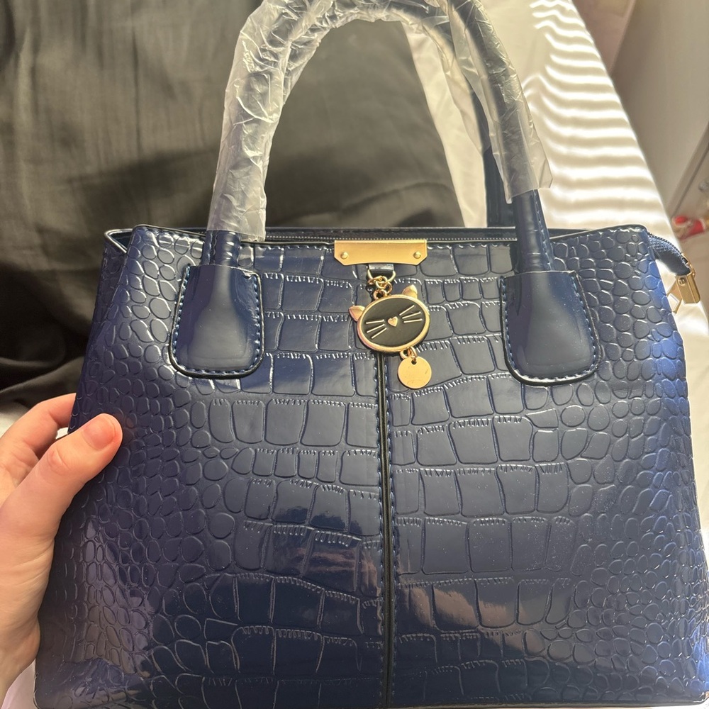 Elegant Blue Crocodile-Embossed Handbag
